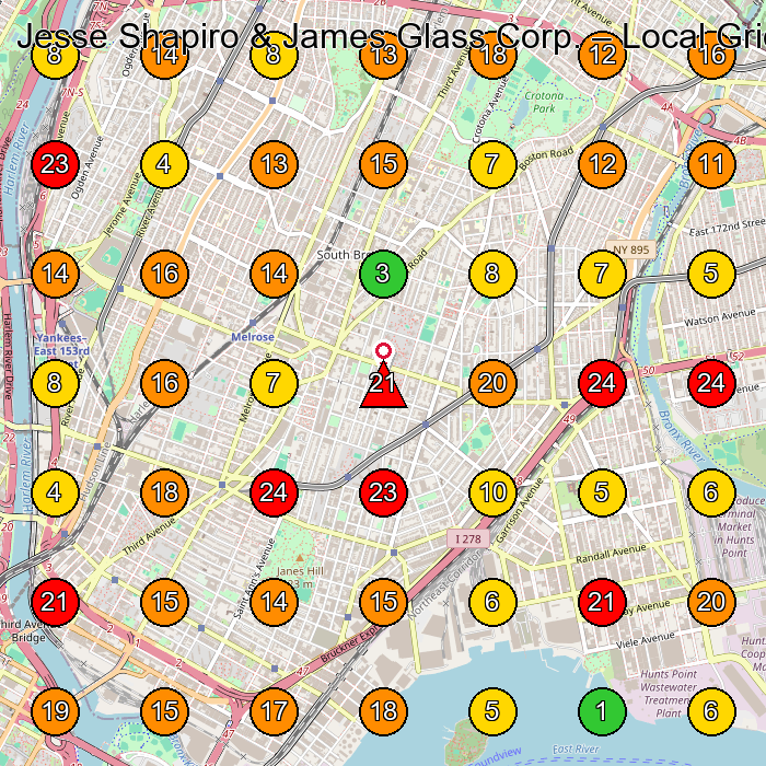 Jesse Shapiro & James Glass Corp. Glass & Mirror Shop GeoGrid ranking map for Bronx NY